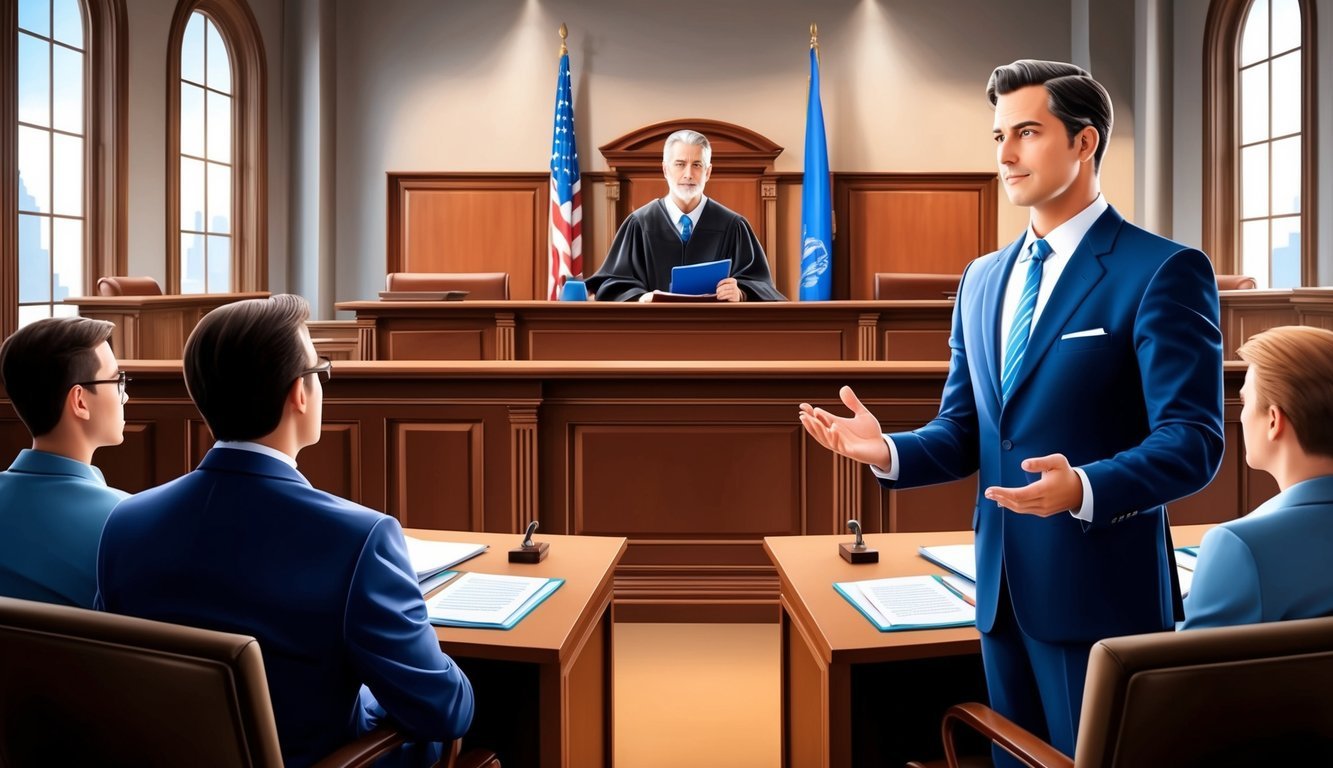 A courtroom with a confident lawyer presenting a case in front of a judge and jury