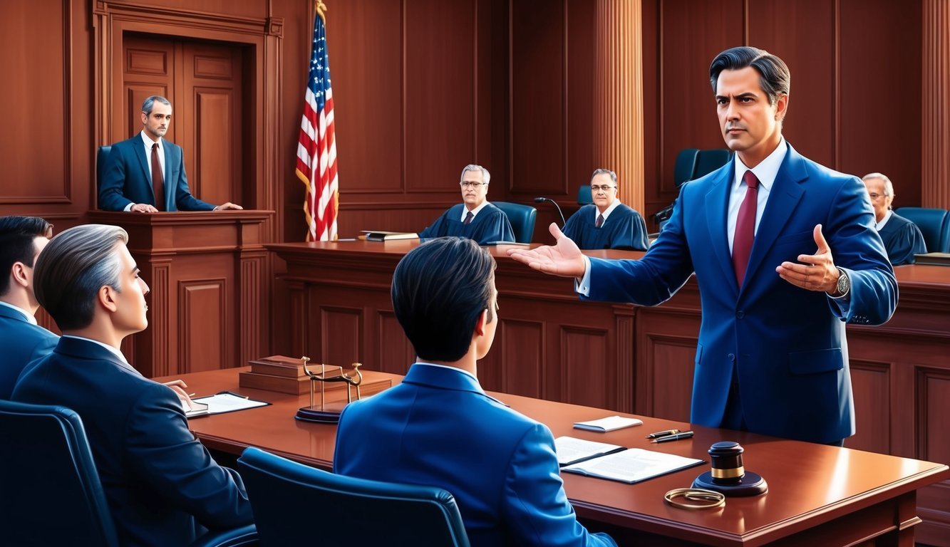 A courtroom scene with a confident attorney presenting a compelling defense case