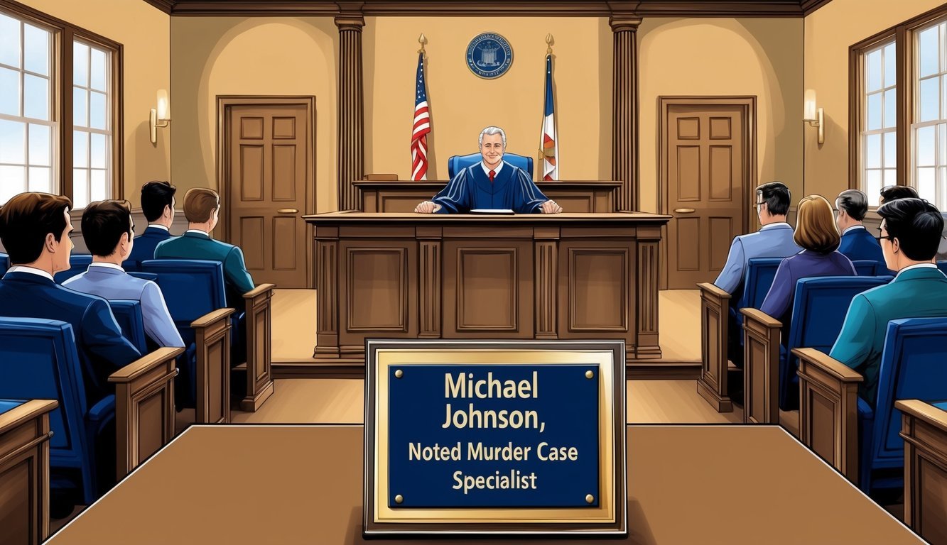 A courtroom with a judge's bench, witness stand, and seating for the jury and spectators.</p><p>A lawyer's table is at the front, with a plaque reading "Michael Johnson, Noted Murder Case Specialist" displayed prominently