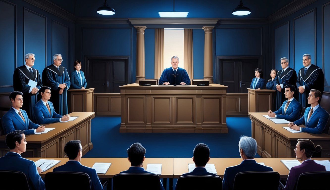 A dimly lit courtroom with a judge's bench, witness stand, and jury box, surrounded by stern-looking lawyers and anxious clients