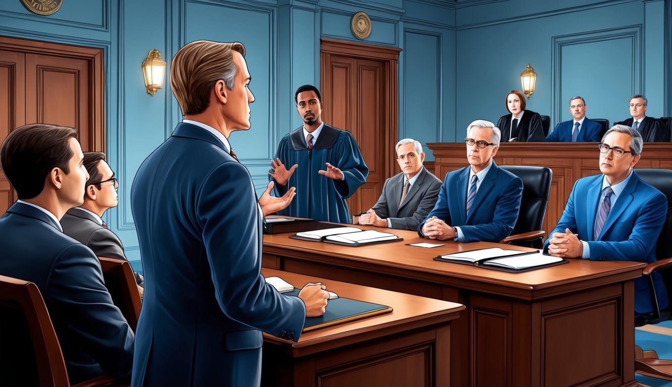 A courtroom with a defense attorney presenting a compelling case to a jury in Philadelphia