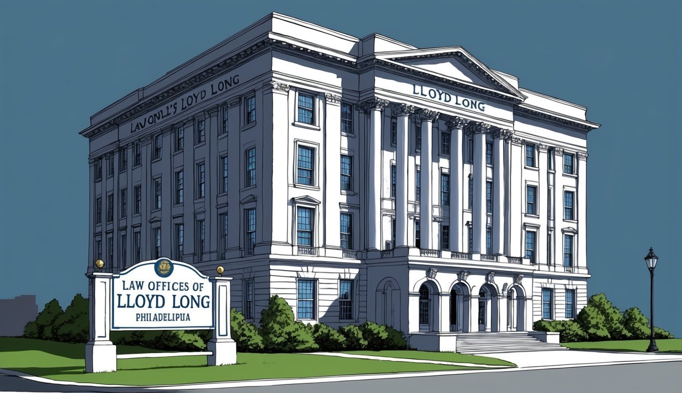 A grand, imposing building with a sign reading "Law Offices of Lloyd Long" in Philadelphia, exuding professionalism and expertise