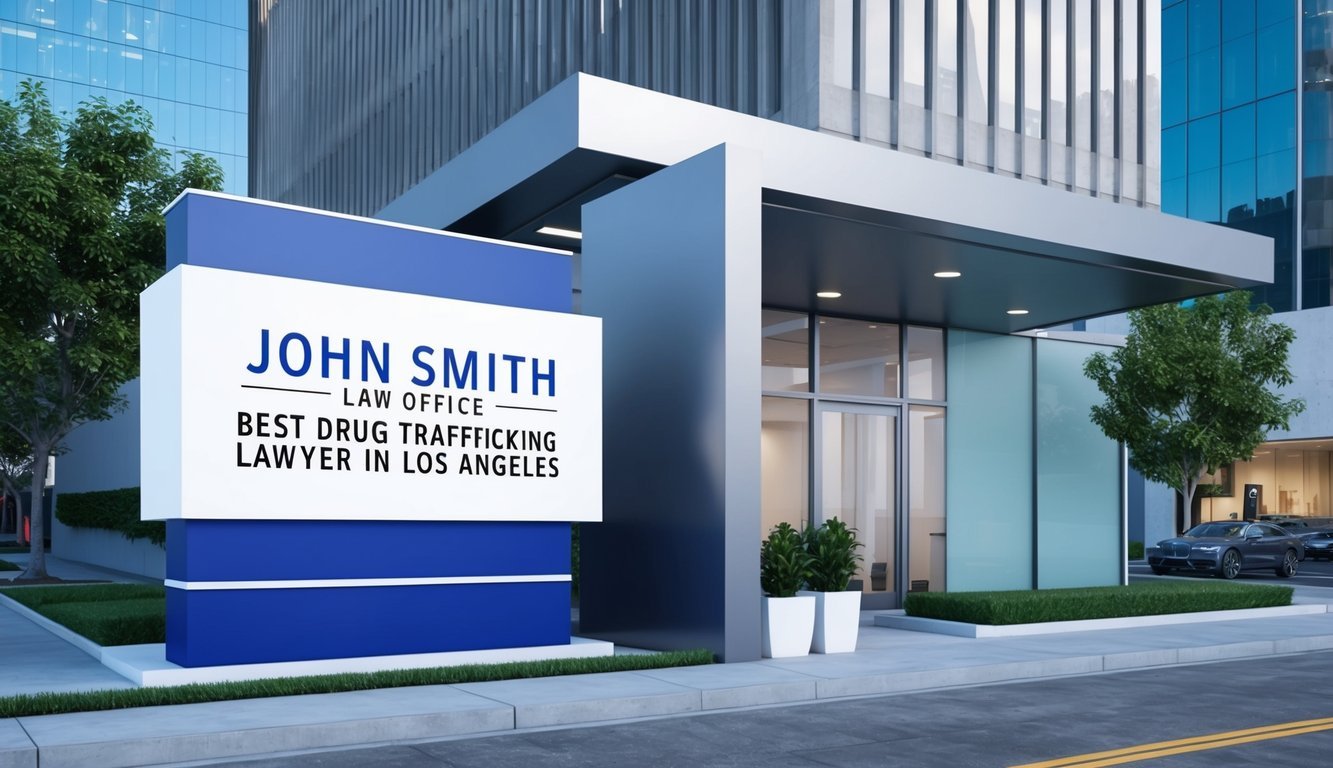 A sleek, modern law office in downtown Los Angeles with a sign reading "John Smith Law Office - Best Drug Trafficking Lawyer in Los Angeles" displayed prominently