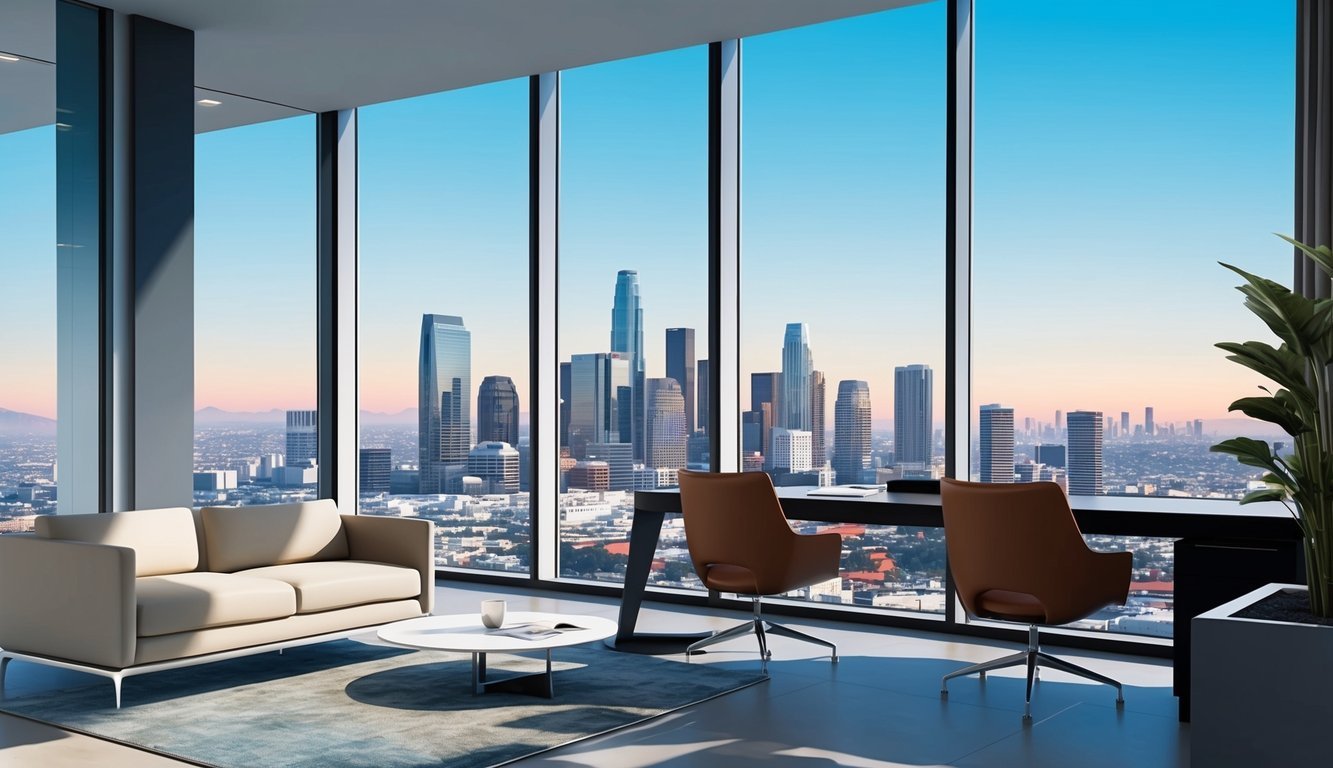 A sleek, modern law office in downtown Los Angeles, with floor-to-ceiling windows overlooking the city skyline