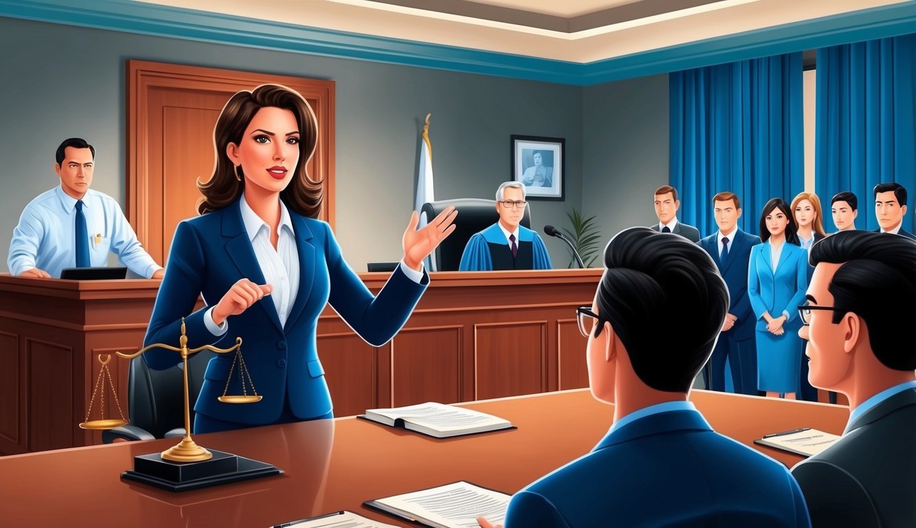 A courtroom scene with a confident defense attorney arguing her case in front of a judge and jury