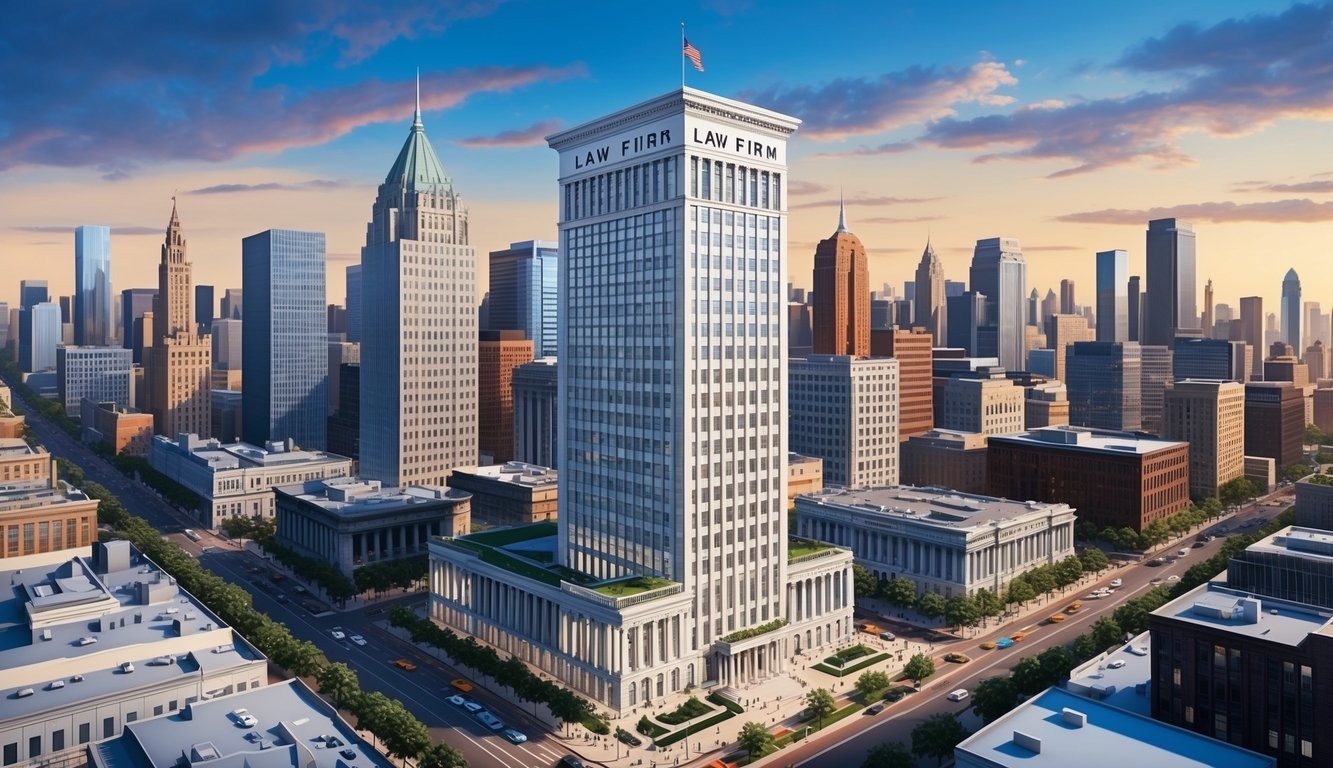 A city skyline with a prominent law firm building in the foreground, surrounded by other office buildings and bustling streets