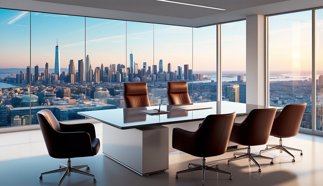 A sleek, modern office with a large desk, leather chairs, and city skyline view