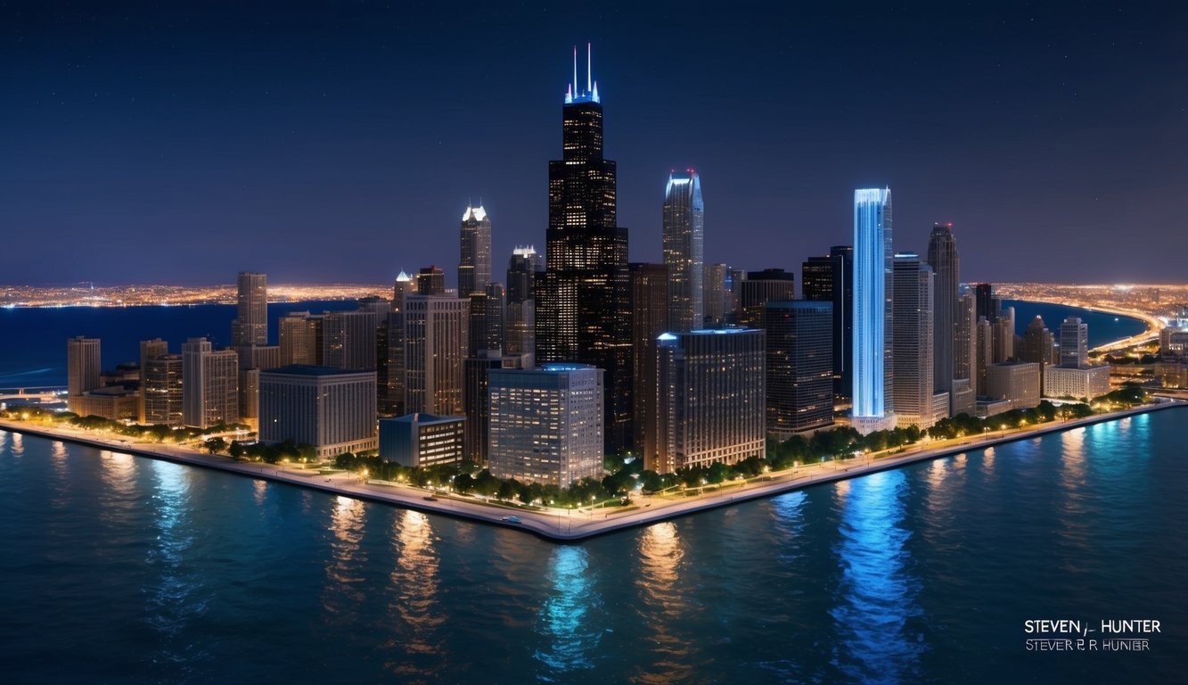 A Chicago skyline at night, with the Law Offices of Steven R. Hunter illuminated and standing out among the city lights