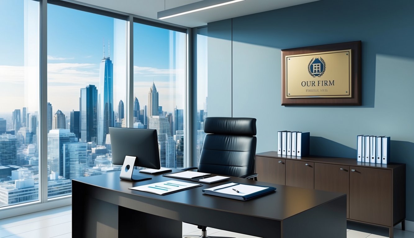 A sleek, modern office space with city skyline views.</p><p>A desk with legal documents and a computer.</p><p>A plaque on the wall with the firm's name