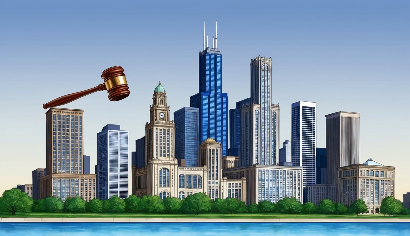 A downtown Chicago skyline with a prominent law office building and a gavel symbolizing legal expertise