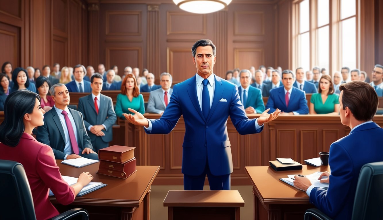 A bustling courtroom with a confident lawyer presenting a compelling case to the jury