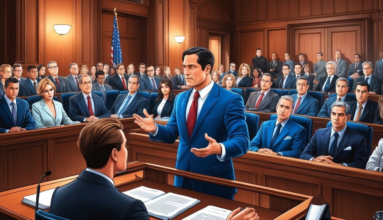 A bustling courtroom with a confident lawyer addressing the jury