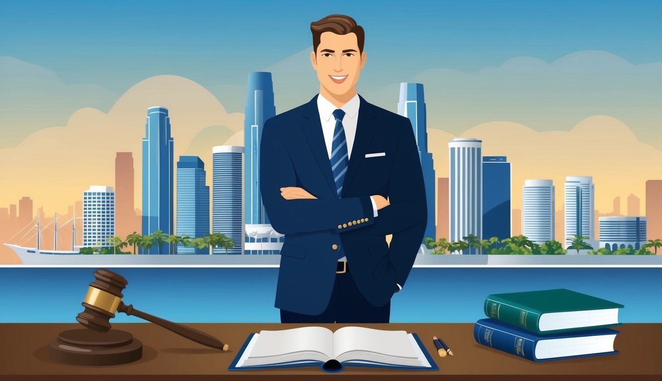 A well-dressed lawyer stands confidently in front of the Los Angeles skyline, with a gavel and law books on a desk