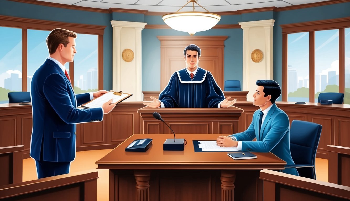 A courtroom with a lawyer presenting a case, a judge, and a client