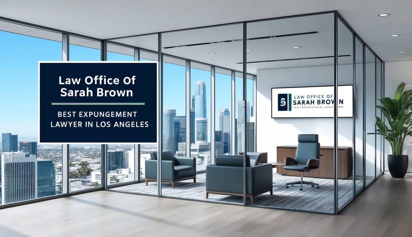 A sleek, modern law office in downtown Los Angeles, with floor-to-ceiling windows and a sign reading "Law Office of Sarah Brown - Best expungement lawyer in Los Angeles."