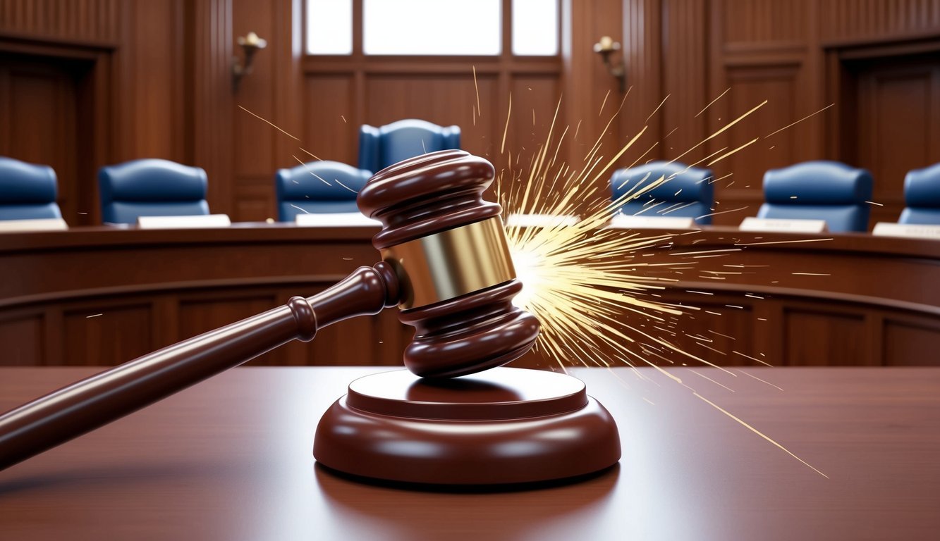 A gavel striking a desk in a courtroom