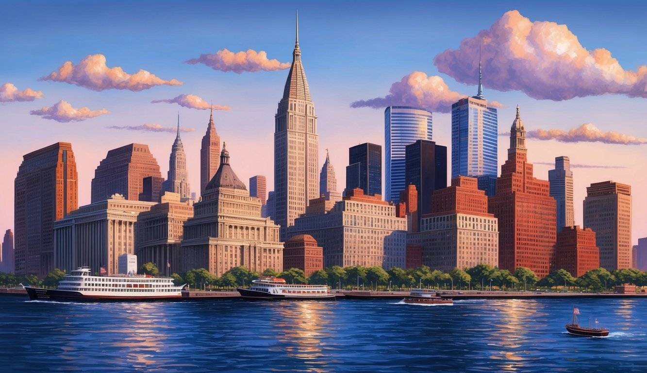 A busy New York City skyline with a prominent courthouse in the background