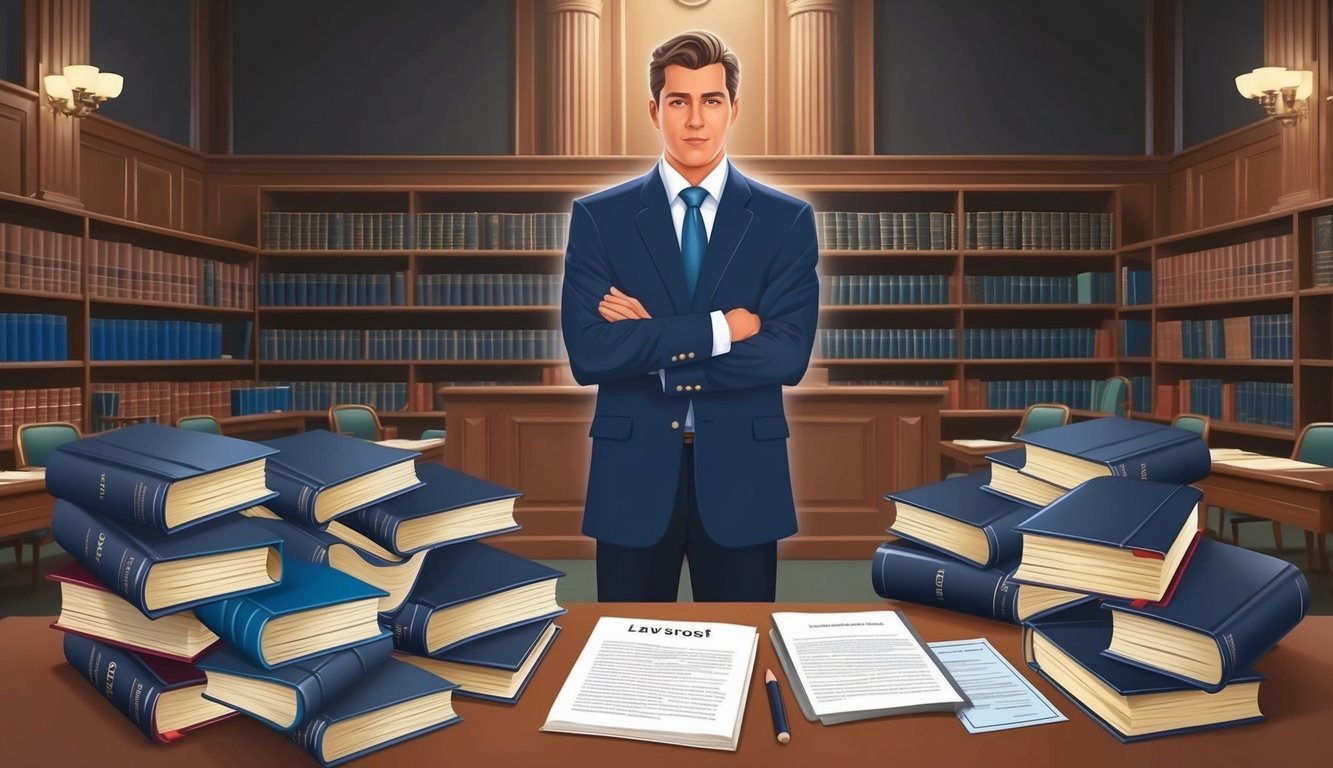 A confident figure standing in a courtroom, surrounded by law books and legal documents, exuding an air of authority and professionalism