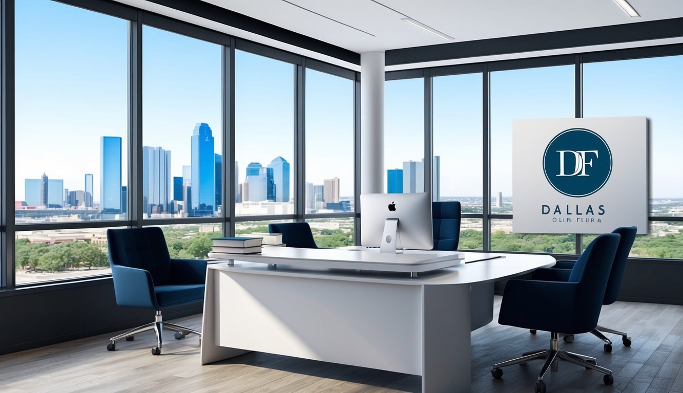 A modern office with sleek furniture, large windows, and a view of the Dallas skyline.</p><p>A desk with a computer and legal books.</p><p>A sign with the firm's logo