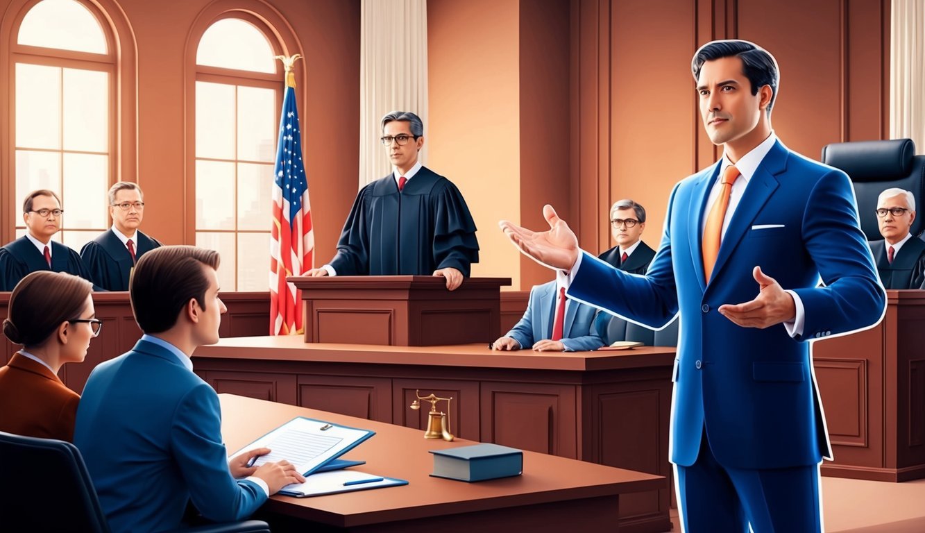 A courtroom with a confident lawyer presenting a case to a judge and jury