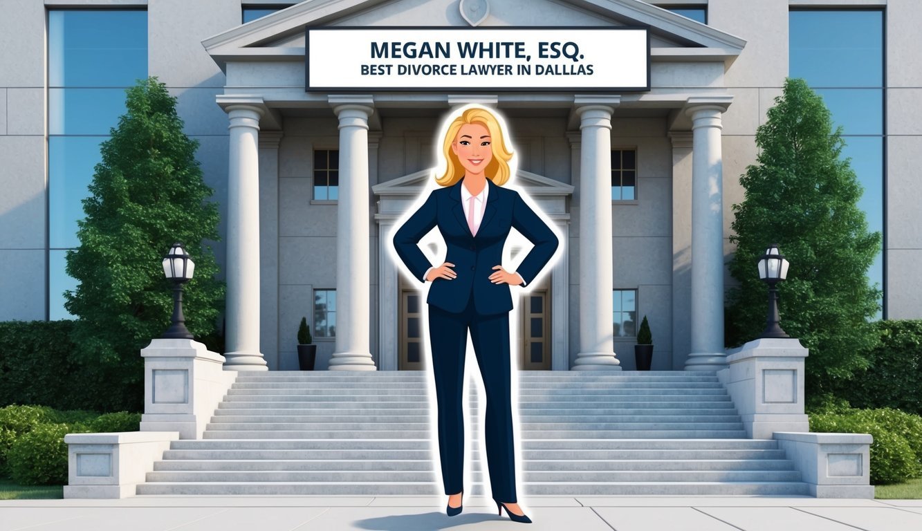 A confident figure standing in front of a courthouse with a sign reading "Megan White, Esq. Best divorce lawyer in Dallas."