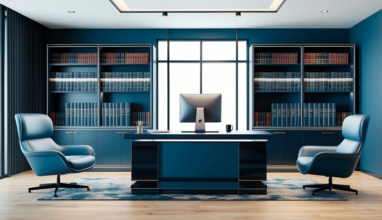 A professional office with a sleek and modern interior, featuring a desk with a computer, comfortable chairs, and shelves of legal books