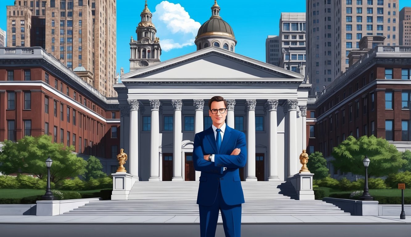 A well-dressed lawyer confidently standing in front of a grand courthouse, surrounded by towering buildings in Philadelphia