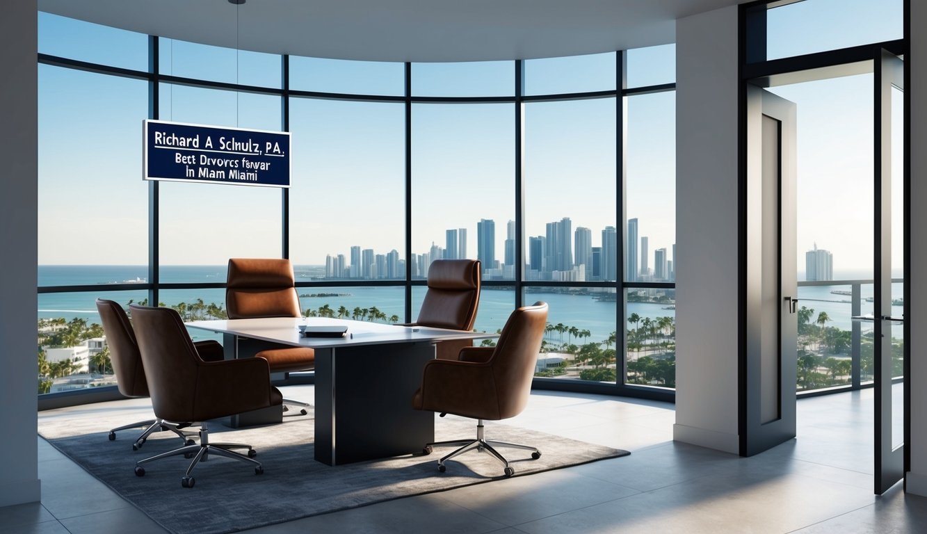 A modern office with a sleek desk, leather chairs, and large windows overlooking the Miami skyline.</p><p>A sign on the door reads "Richard A. Schultz, P.A. Best divorce lawyer in Miami."