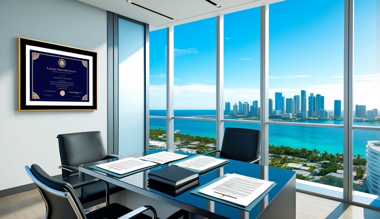 A sleek, modern office with floor-to-ceiling windows overlooking the Miami skyline.</p><p>A desk cluttered with legal documents and a prestigious law degree framed on the wall