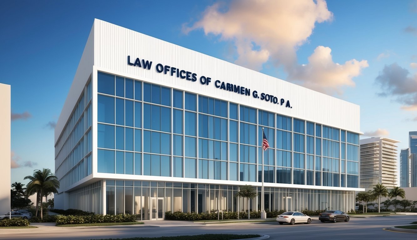 A modern office building with a sleek sign reading "Law Offices of Carmen G. Soto, P.A." in downtown Miami