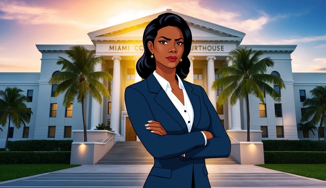 A confident lawyer stands in front of a Miami courthouse, with a determined look on her face.</p><p>The sun is setting, casting a warm glow on the building behind her