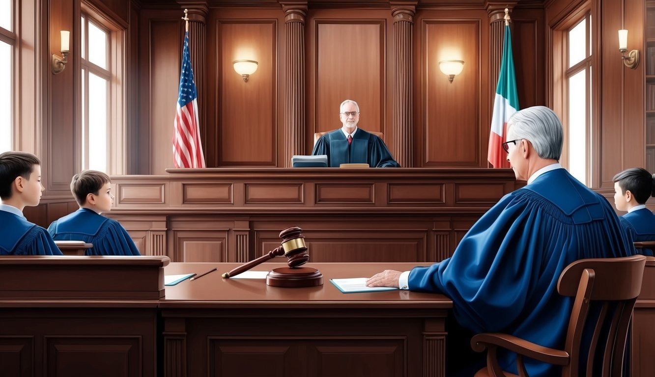 A dignified courtroom with a judge presiding over a custody case