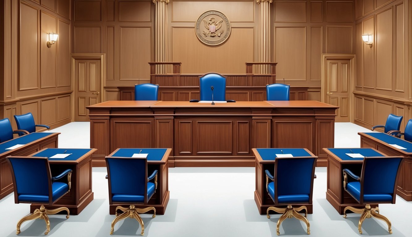 A courtroom with a judge's bench, witness stand, and lawyer's tables