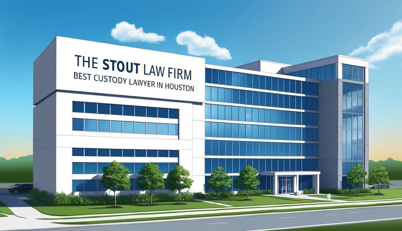 A modern office building with a prominent sign reading "The Stout Law Firm - Best custody lawyer in Houston" displayed prominently