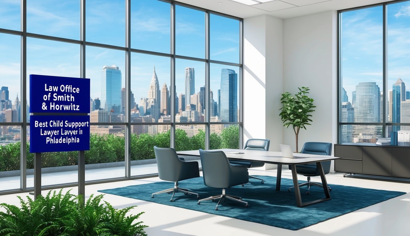 A modern office with sleek furniture and large windows overlooking the city skyline.</p><p>A sign outside reads "Law Office of Smith & Horwitz - Best child support lawyer in Philadelphia."