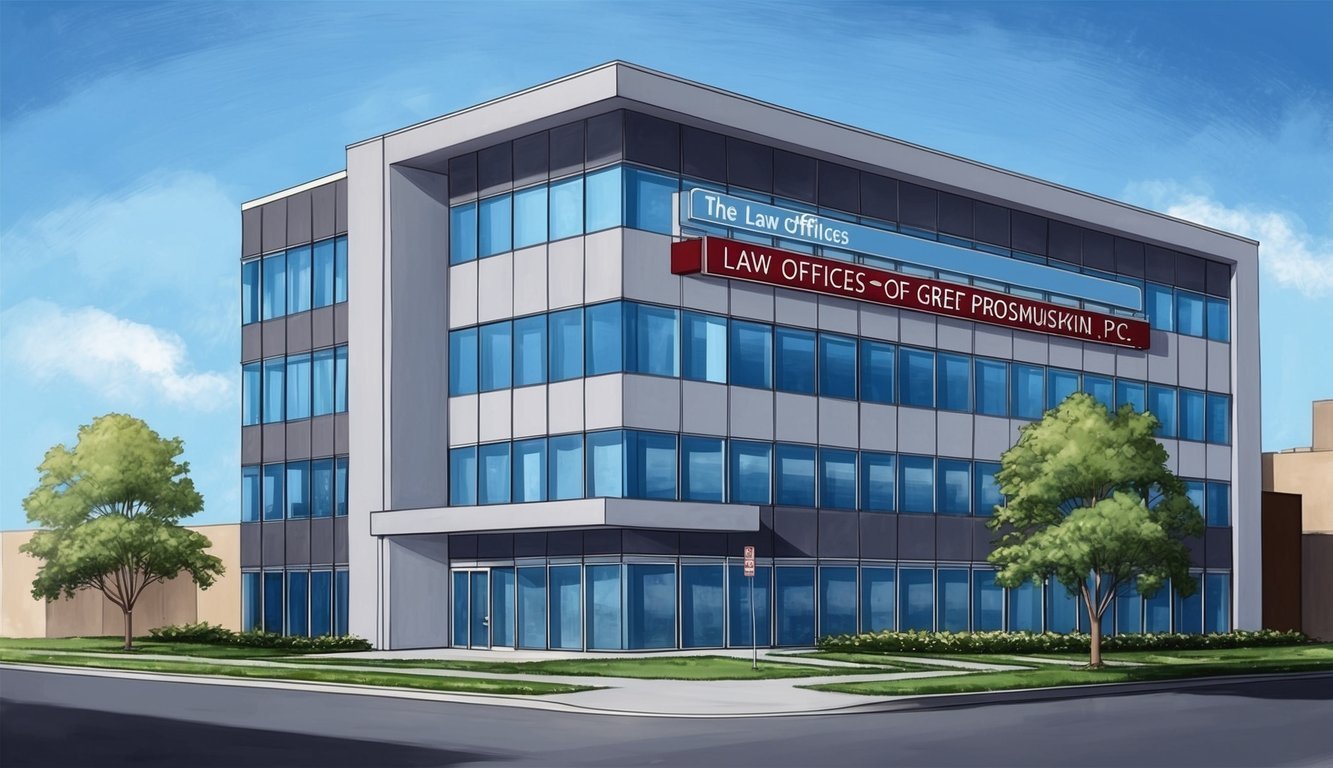 A modern office building with the sign "The Law Offices of Greg Prosmushkin, P.C." prominently displayed