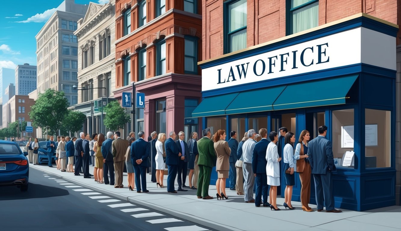 A bustling city street with a prominent law office sign and a line of people waiting to enter