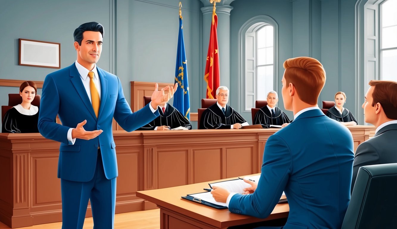 A courtroom with a confident lawyer presenting a case in front of a judge and jury