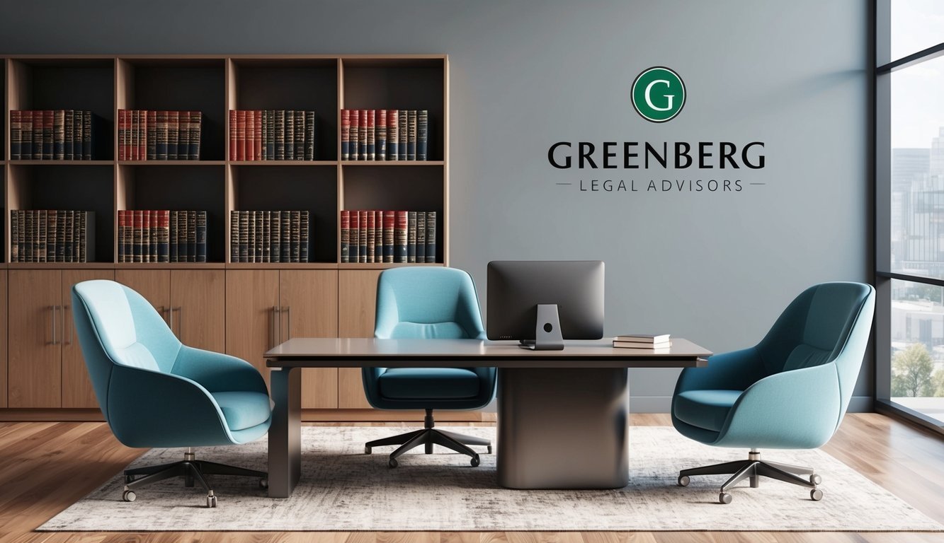 A modern office with a sleek desk and comfortable chairs, adorned with professional legal books and a logo of Greenberg Legal Advisors