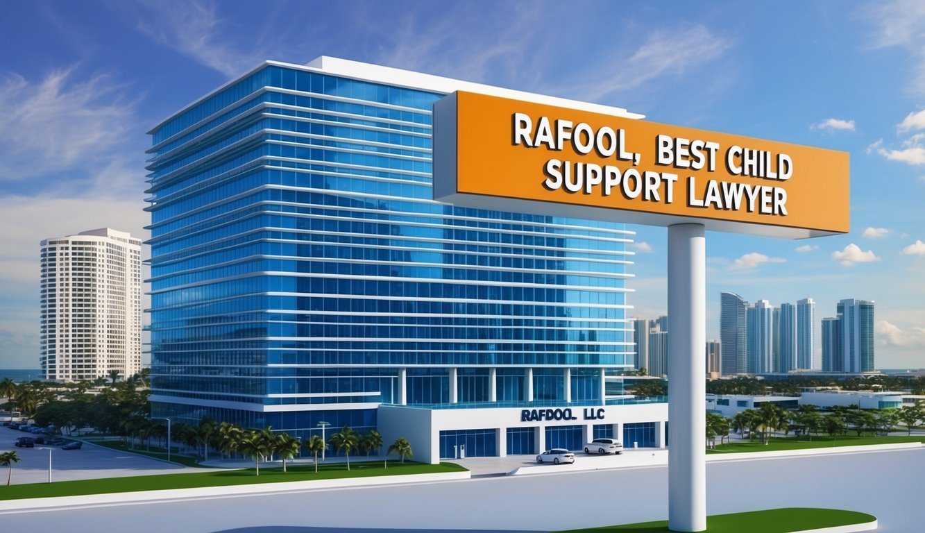 A sleek office building in downtown Miami, with a prominent sign reading "Rafool, LLC Best child support lawyer" in bold lettering