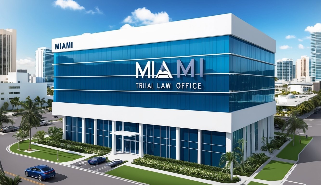 A modern and professional law office with a sleek logo and signage, located in the bustling city of Miami