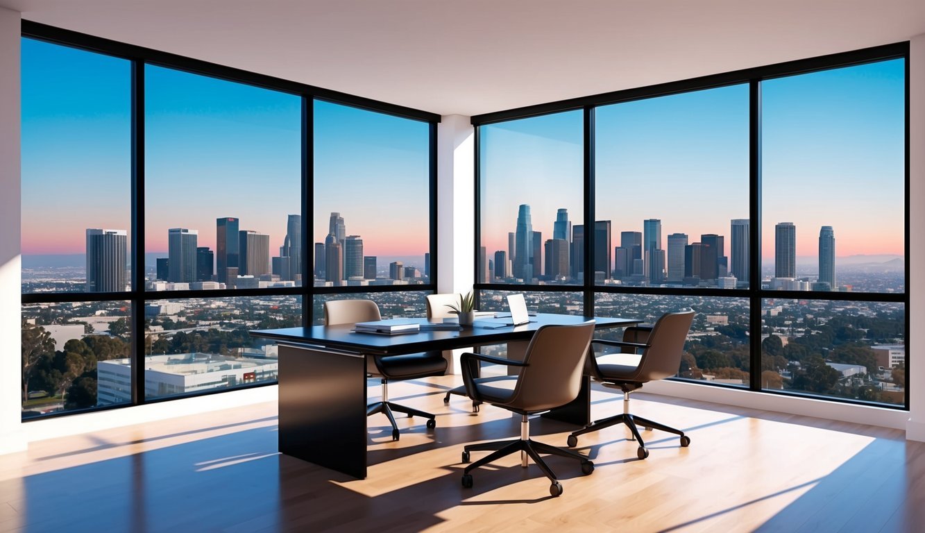 A modern office with sleek furniture and large windows overlooking the Los Angeles skyline