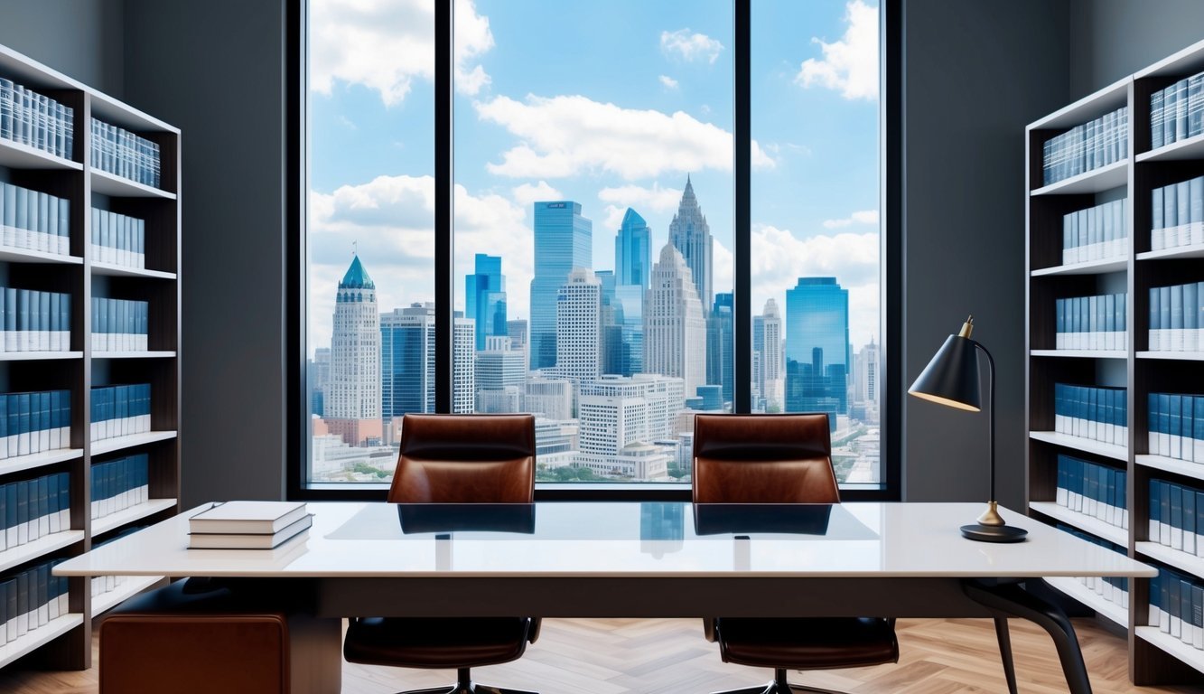 A modern office with a sleek desk, leather chairs, and shelves of legal books.</p><p>A city skyline visible through a large window