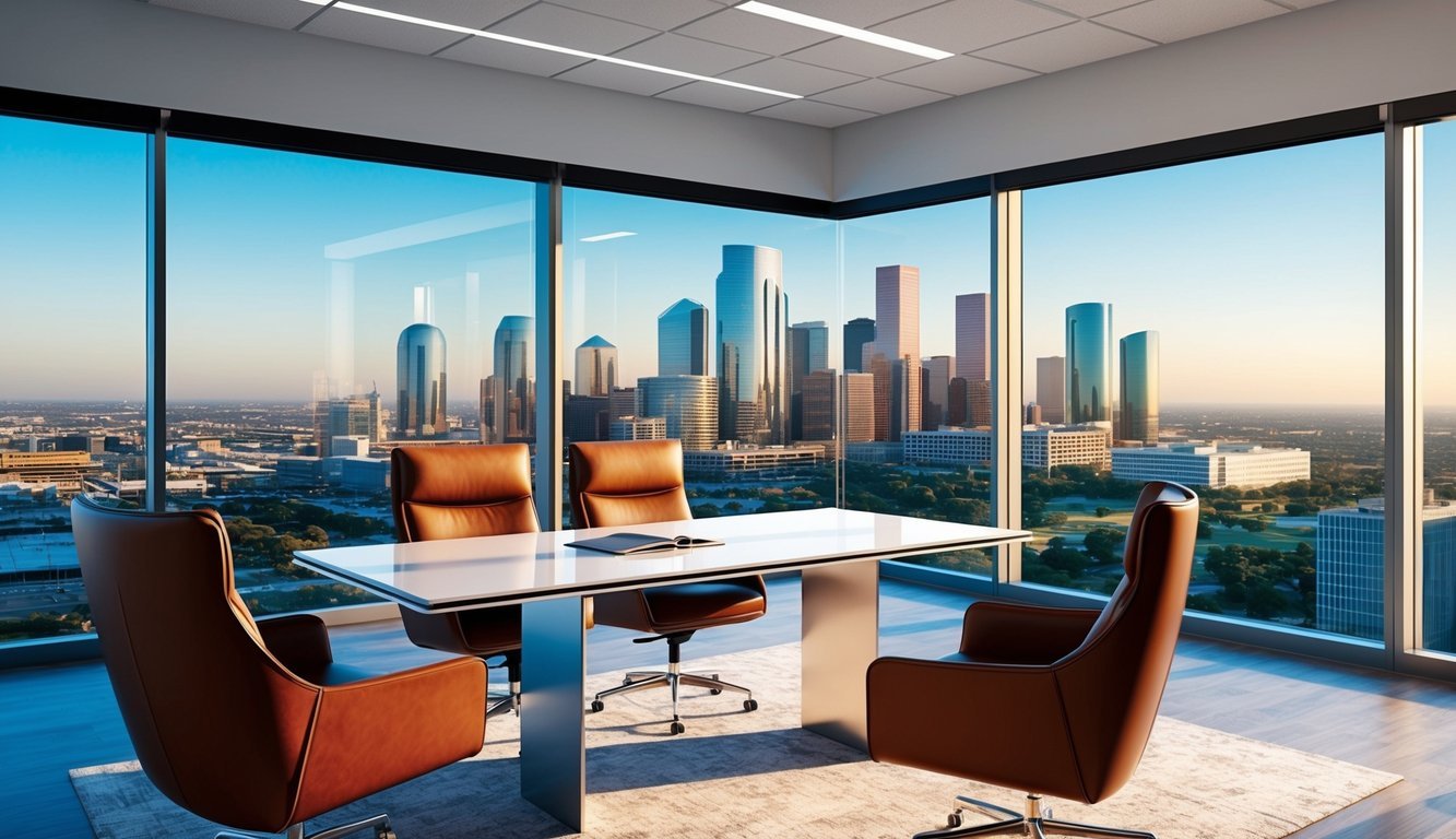 A modern office with a sleek desk, leather chairs, and a large window overlooking the Houston skyline