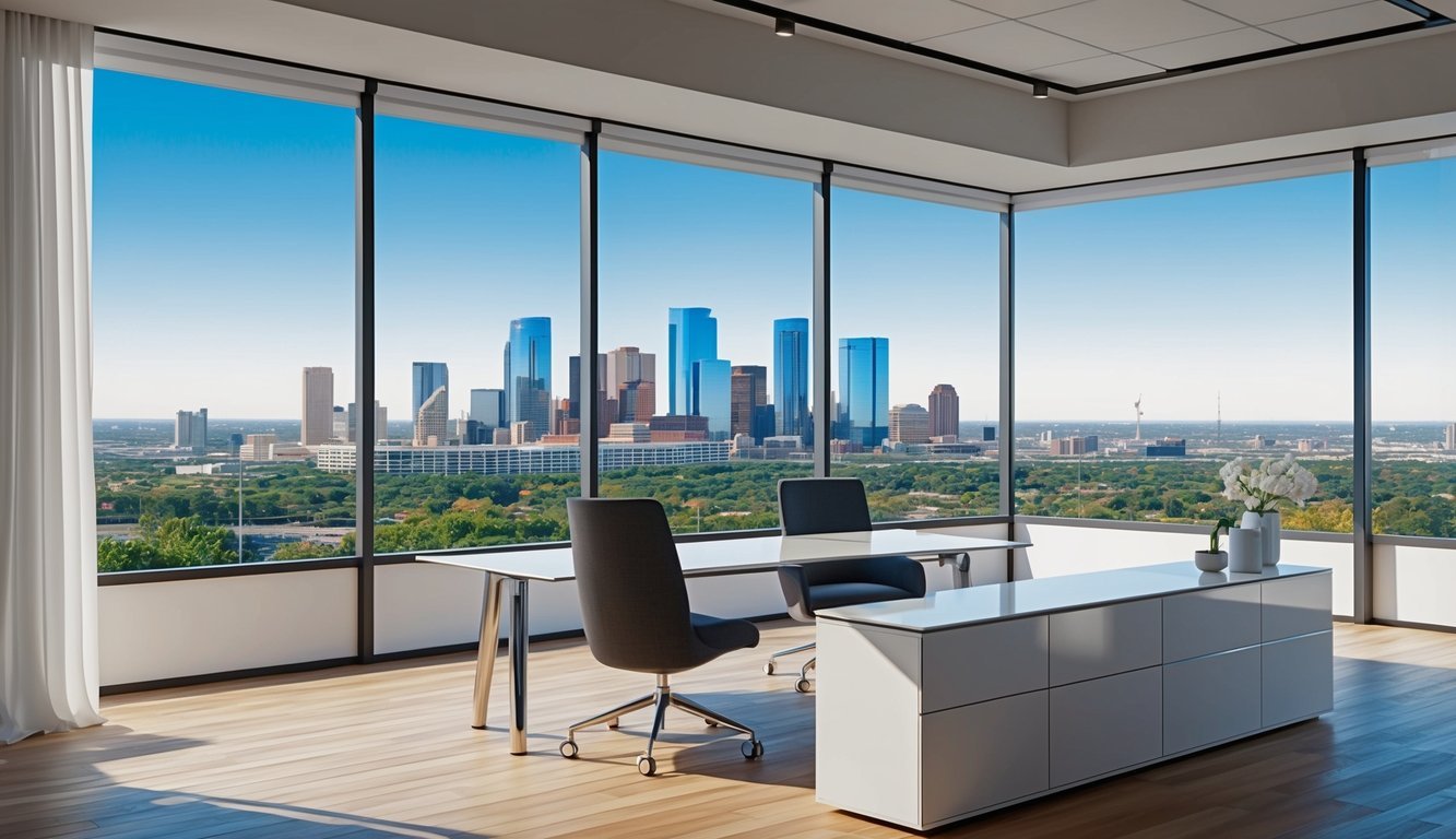 A modern office with sleek furniture and a large window overlooking the Houston skyline