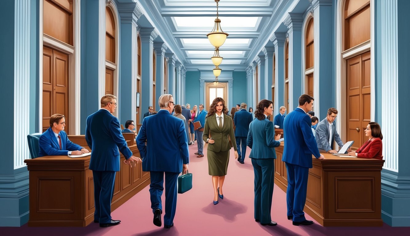 A busy courthouse hallway with people consulting a confident lawyer's office