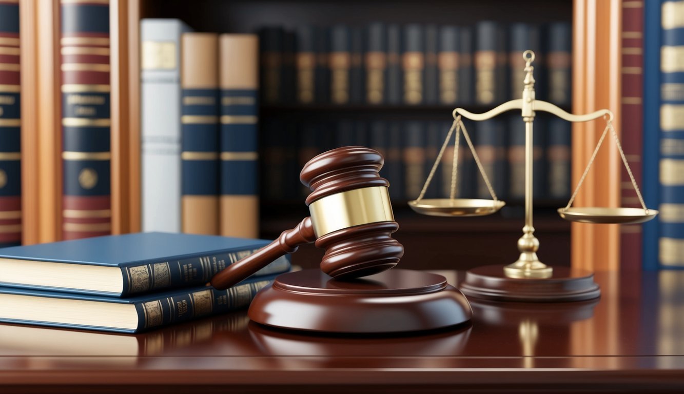 A gavel resting on a polished wooden desk, framed by law books and a scale of justice