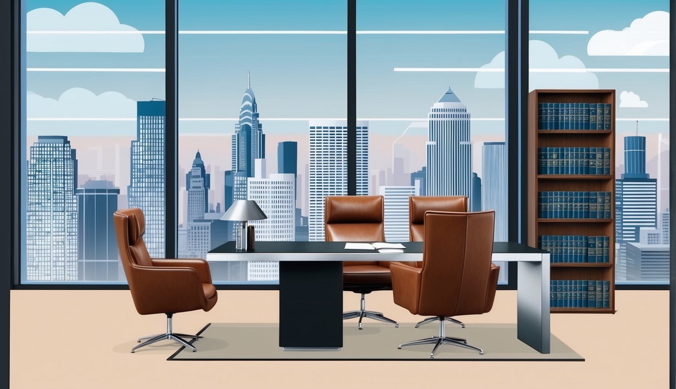 A modern office with a sleek desk, leather chairs, and shelves of law books.</p><p>City skyline visible through large windows