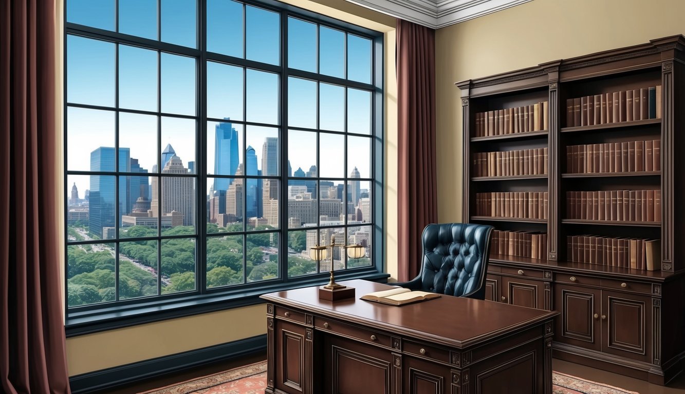 A classic law firm office with a desk, bookshelves, and a large window overlooking the Philadelphia skyline