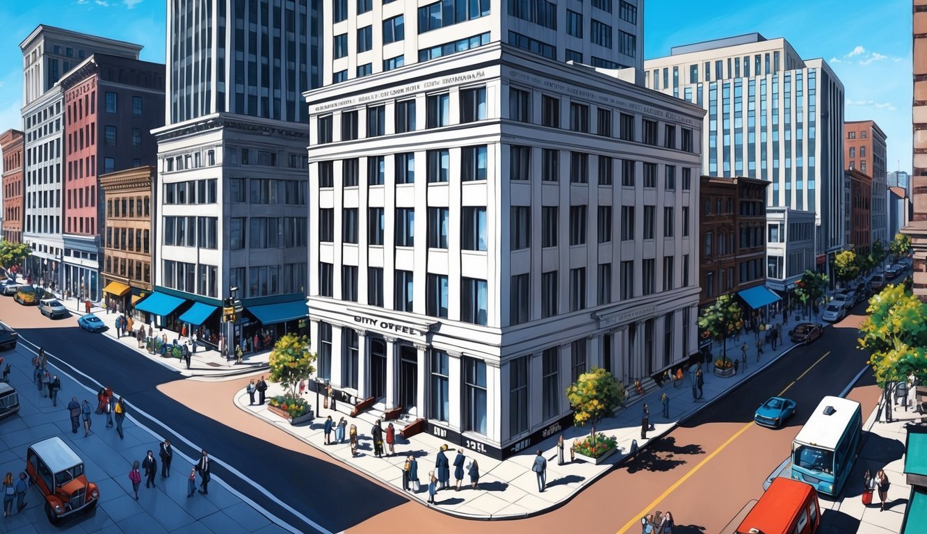 A bustling city street with a prominent law office building, surrounded by other businesses and pedestrians